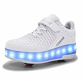 Auorona LED Blinkend Schuhe mit 2 Rollen Skateboard Rollerblades Sneaker Kinderschuhe Sportschuhe für Mädchen Jungen Kinder,Weiß,Blau,Rot