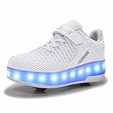 Auorona LED Blinkend Schuhe mit 2 Rollen Skateboard Rollerblades Sneaker Kinderschuhe Sportschuhe für Mädchen Jungen Kinder,Weiß,Blau,Rot