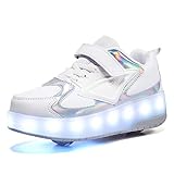 Axcer LED USB Aufladen Leuchtend Schuhe mit Doppelt Rollen Ultraleicht Einziehbar Outdoor Sportschuhe 7 Farbe Farbwechsel Blinkschuhe Skateboardschuhe Blinking Gymnastik Sneaker für Junge Mädchen
